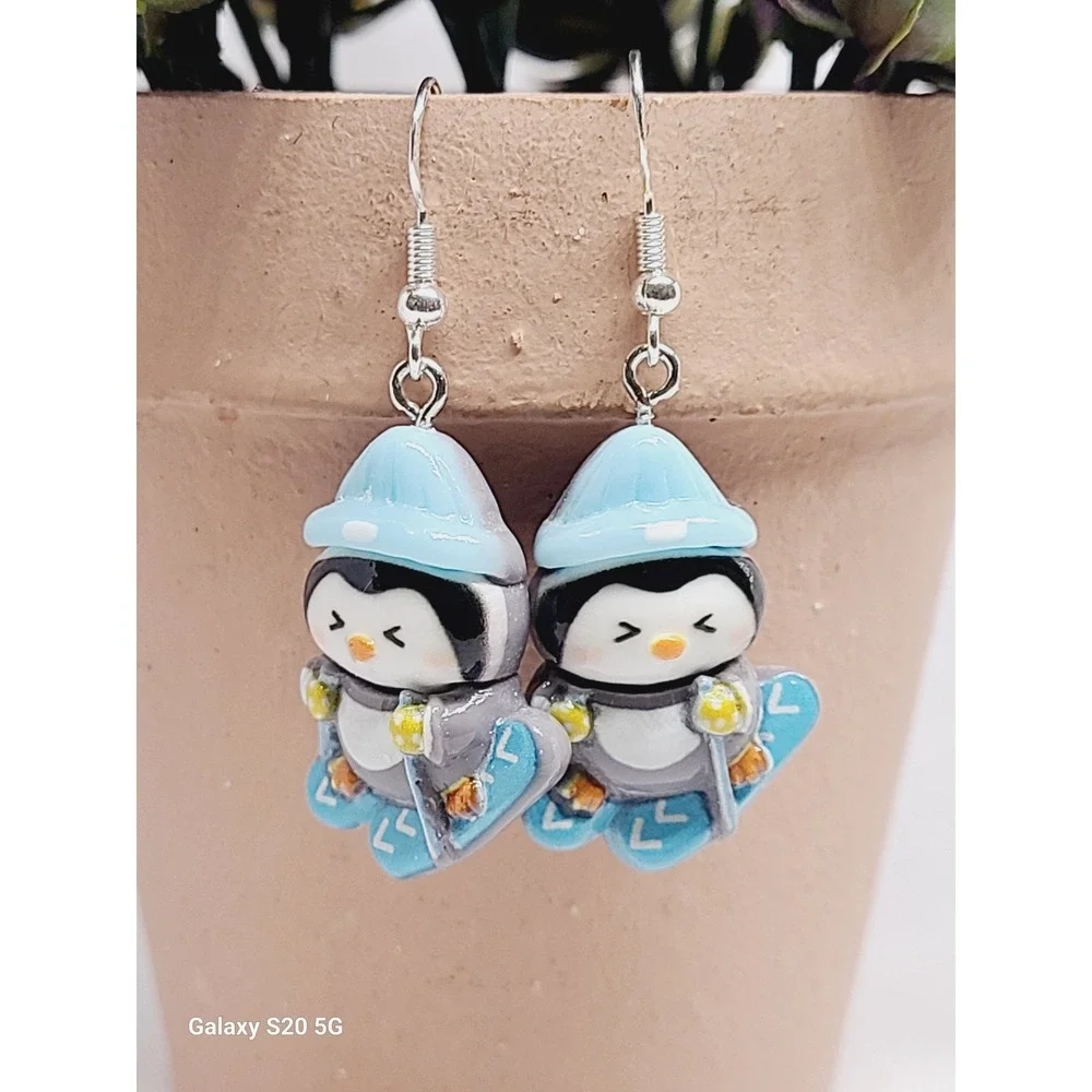 Skiing‎ Penguin Dangle Earrings Blue Winter Sport Resin Drop Jewelry Women's
